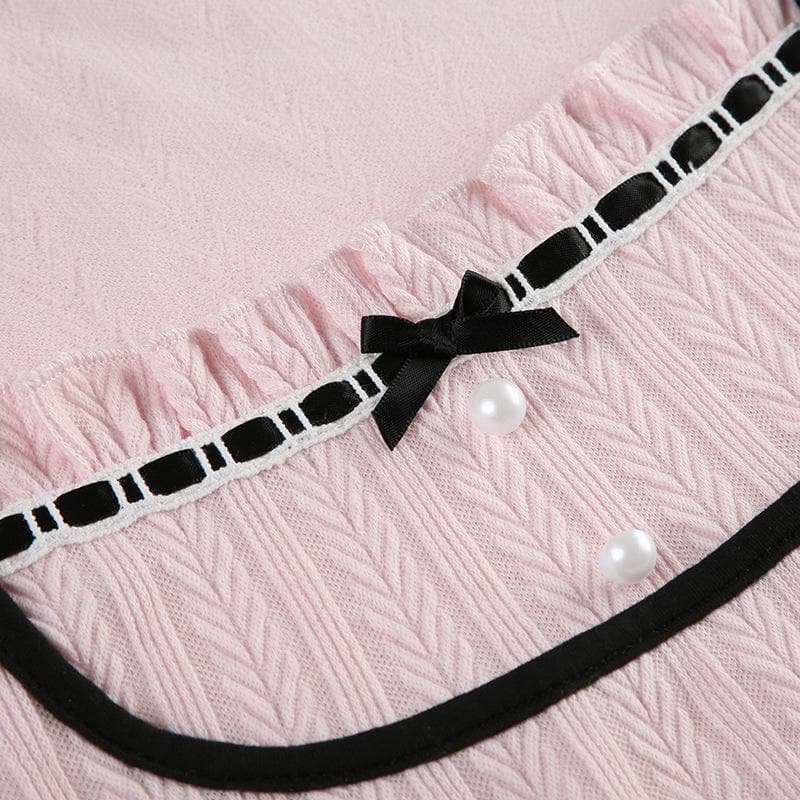 Sweetheart Pink Ribbed Knit Top - Chic Square Neck Long Sleeve with Ruffle & Bow Detail for Fall