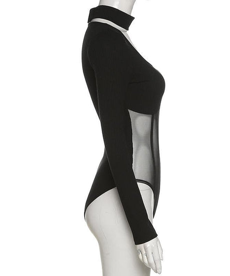 Midnight Ribbed & Mesh Bodysuit | High-Neck Choker Corset Top for Edgy Fall Nights