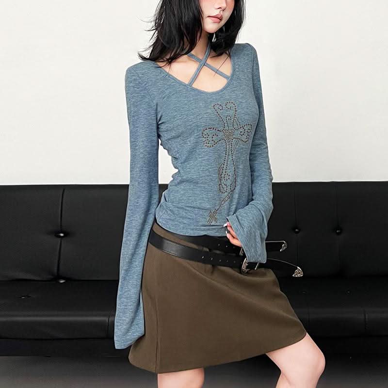Fall Vibes Y2K Rhinestone Cross Criss-Cross Neck Long Sleeve Top with Flared Cuffs