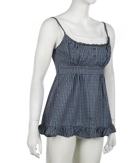 Chic Gingham Plaid Babydoll Top - Lace Trim, Ruffle Hem, & Fall Layering Essential