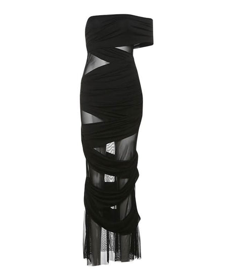 Alluring Black Off-Shoulder Ruched Mesh Maxi Dress - Your Fall & Holiday Statement Piece