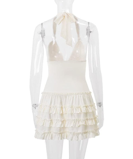 Dreamy White Halter Plunge Ruffle Mini Dress - Chic for Fall Soirees & Sunny Getaways