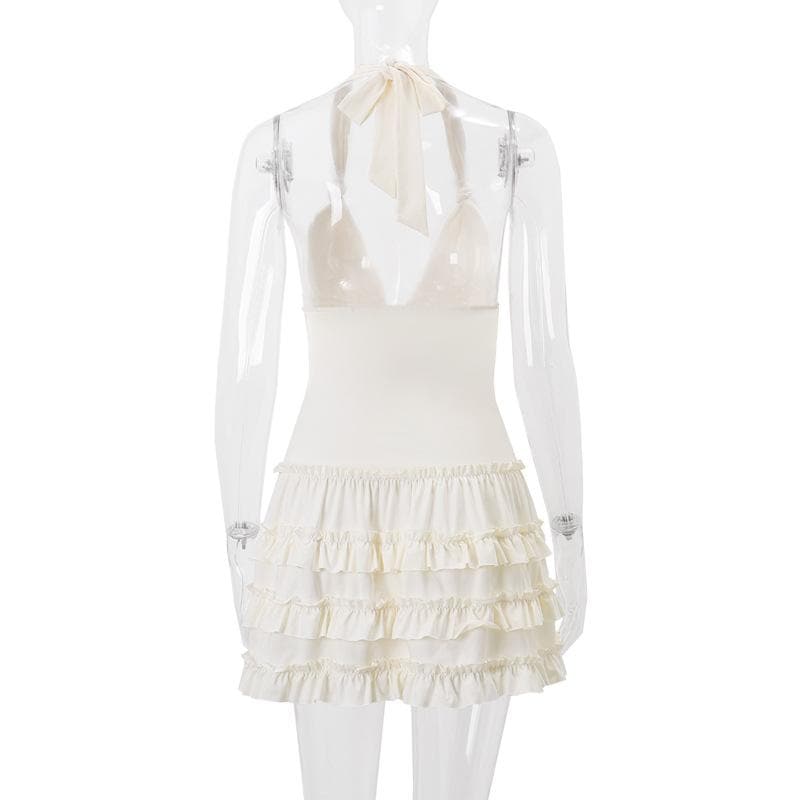 Dreamy White Halter Plunge Ruffle Mini Dress - Chic for Fall Soirees & Sunny Getaways
