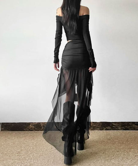 Dramatic Gothic High-Low Mesh Skirt - Fall Edgy Ruffle Maxi for Halloween