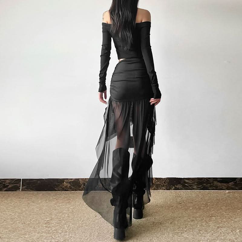 Dramatic Gothic High-Low Mesh Skirt - Fall Edgy Ruffle Maxi for Halloween