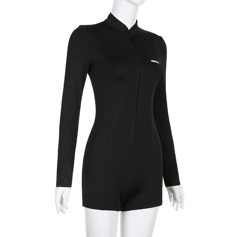 Fall Essential: Sleek Black Long Sleeve Zip-Up Romper - Effortless Athleisure & Layering Style