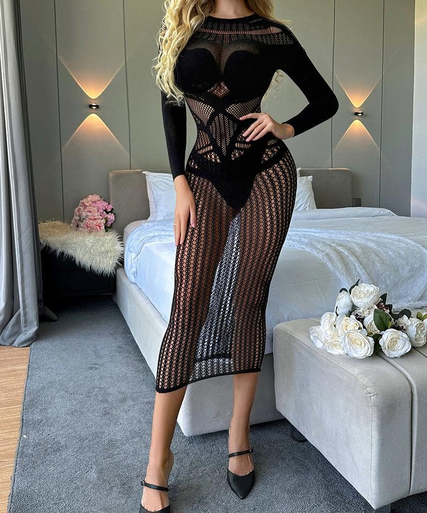 Gothic Glam Sheer Mesh Cutout Midi Dress - Perfect for Fall Parties & Halloween