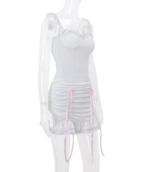 Flirty Coquette White Ruffle Cami & Pink Ribbon Ruched Mini Skirt Set