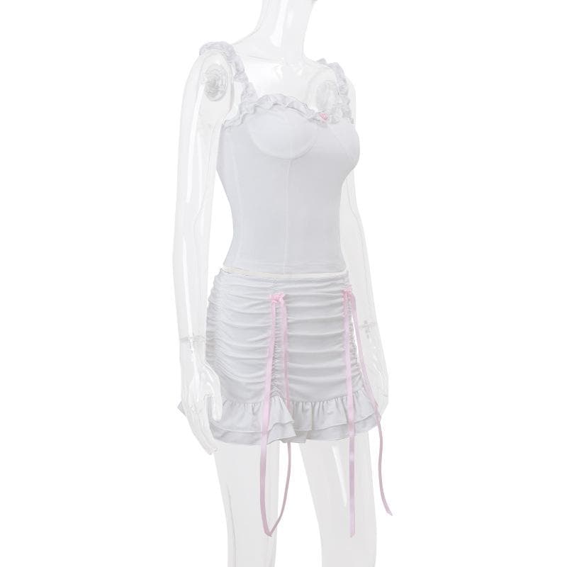 Flirty Coquette White Ruffle Cami & Pink Ribbon Ruched Mini Skirt Set