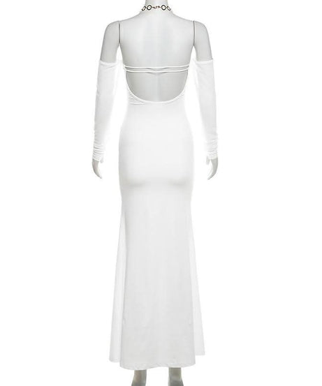 The Ultimate Statement: White O-Ring Cut-Out Maxi Dress with Elegant Long Sleeves – Holiday Galas & NYE Ready