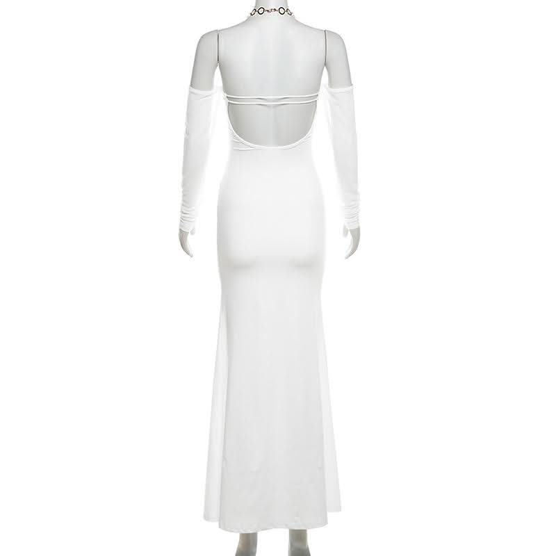 The Ultimate Statement: White O-Ring Cut-Out Maxi Dress with Elegant Long Sleeves – Holiday Galas & NYE Ready