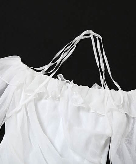 Enchanted Aura White Off-Shoulder Halter Mini Dress | Ruffle Chiffon Bow for Fall Parties & Chic Halloween