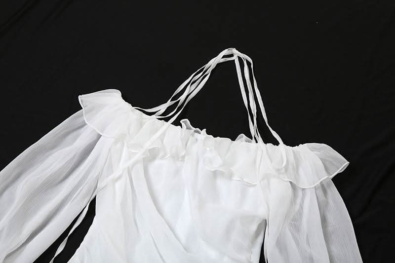 Enchanted Aura White Off-Shoulder Halter Mini Dress | Ruffle Chiffon Bow for Fall Parties & Chic Halloween
