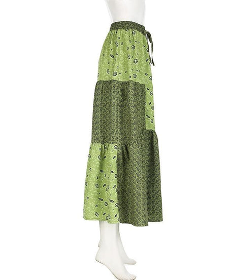 Boho Chic Patchwork Maxi Skirt - Effortless Green Style for Fall