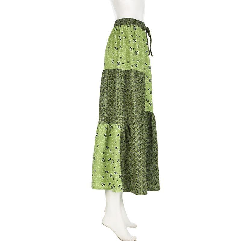 Boho Chic Patchwork Maxi Skirt - Effortless Green Style for Fall