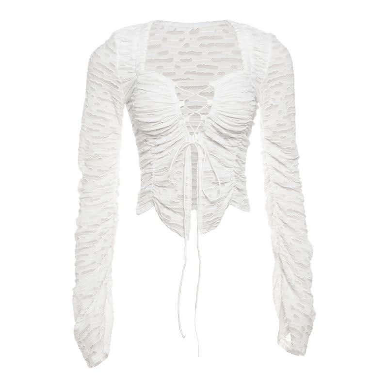 Y2K Chic White Textured Lace-Up Crop Top | Ruched Long Sleeve Fall Fashion Statement