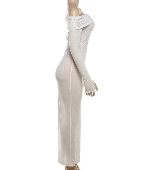 Sultry Sheer Off-Shoulder O-Ring Maxi Dress - Fall Party & Halloween Ready