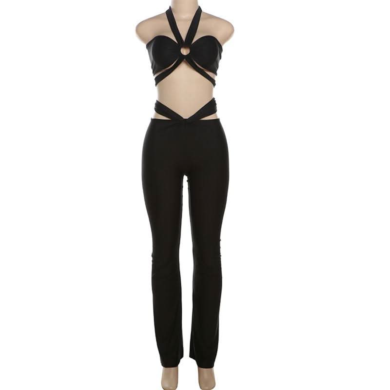 Y2K Black Strappy O-Ring Cutout Halter Top & Flare Pant Set - Perfect for Halloween & Fall Parties