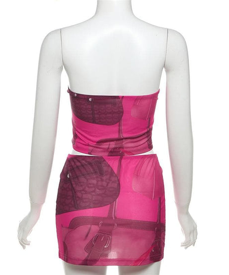 Head-Turning Hot Pink Handbag Print Two-Piece Set | Y2K Tube Top & Mini Skirt