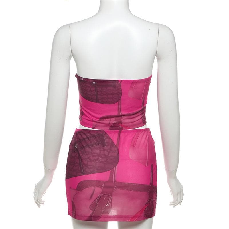 Head-Turning Hot Pink Handbag Print Two-Piece Set | Y2K Tube Top & Mini Skirt