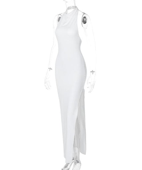 Effortless Glamour: White Halter Cowl Neck Maxi Dress for Holiday & NYE Parties