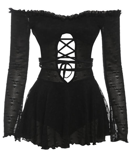 Sultry Black Lace Off-Shoulder Mini Dress | Corset-Tie Cut-Out | Fall Party & Halloween Ready
