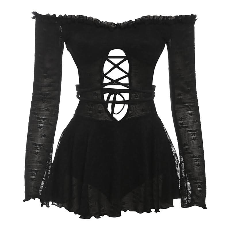 Sultry Black Lace Off-Shoulder Mini Dress | Corset-Tie Cut-Out | Fall Party & Halloween Ready