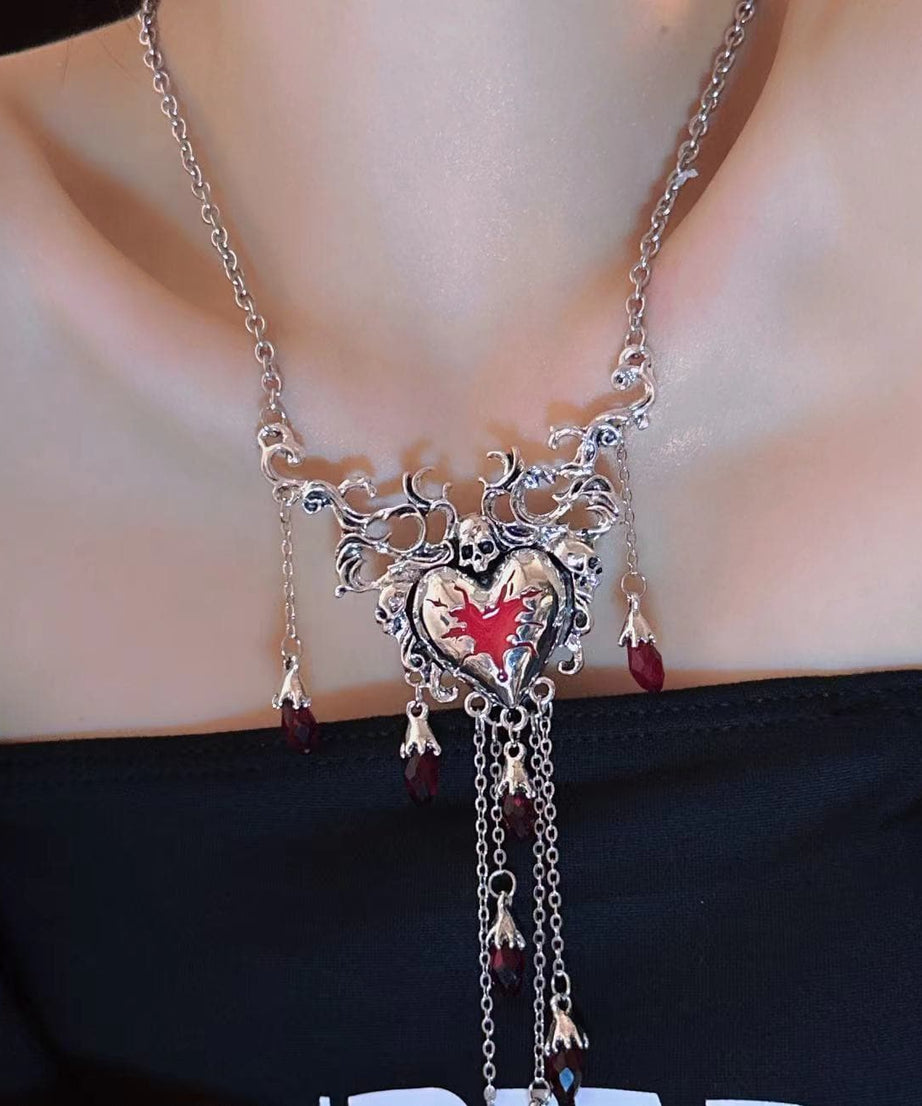 Dark Romance Blood Red Heart & Skull Tassel Necklace - Gothic Halloween & Fall Statement