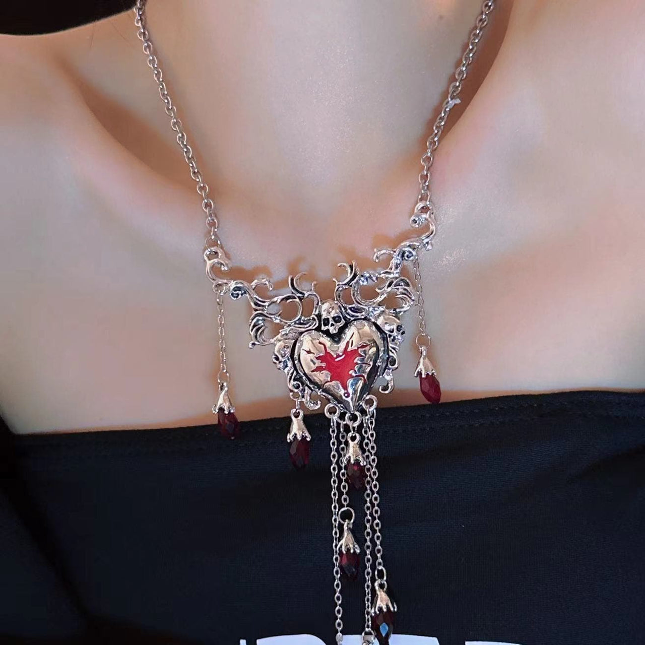 Dark Romance Blood Red Heart & Skull Tassel Necklace - Gothic Halloween & Fall Statement