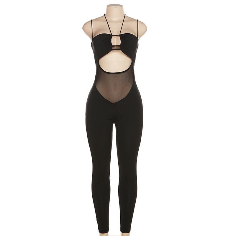 Bold Black Mesh Panel Cutout Halter Jumpsuit - Your Ultimate Fall Night Out Statement