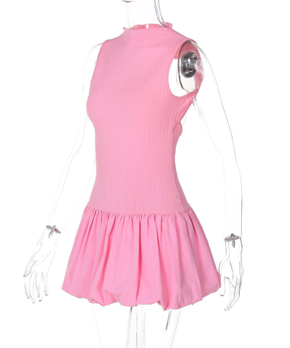 Bubblegum Dream: Pink Ribbed Mock Neck Mini Dress with Chic Bubble Hem – Your Essential Fall Statement