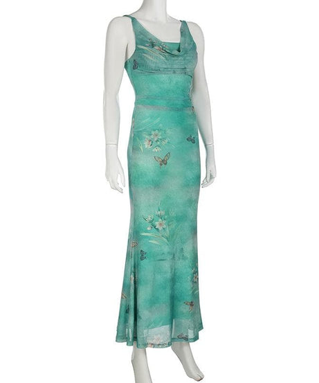 Dreamy Butterfly Print Ruched Mesh Maxi Dress | Cowl Neck & Mermaid Hem for Effortless Fall Style