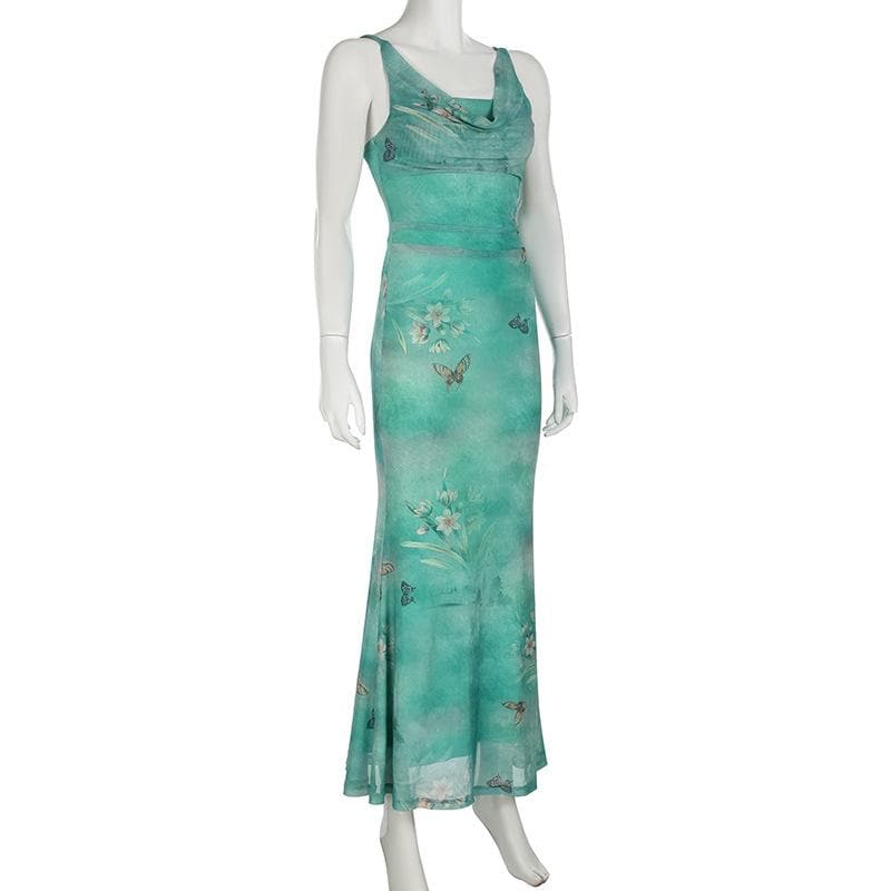 Dreamy Butterfly Print Ruched Mesh Maxi Dress | Cowl Neck & Mermaid Hem for Effortless Fall Style