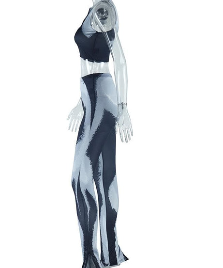 Fall Forward Abstract Swirl Print Athleisure Set - Zip Crop Top & High-Waist Leggings