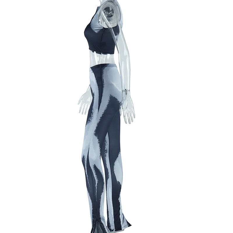 Fall Forward Abstract Swirl Print Athleisure Set - Zip Crop Top & High-Waist Leggings