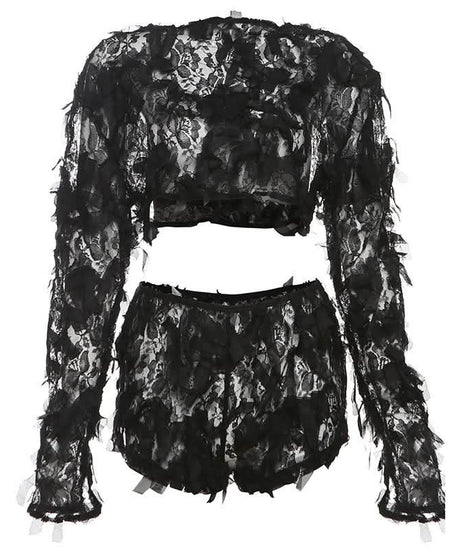 Spooky Chic Shredded Lace Crop Top & Shorts Set - Halloween & Party Ready