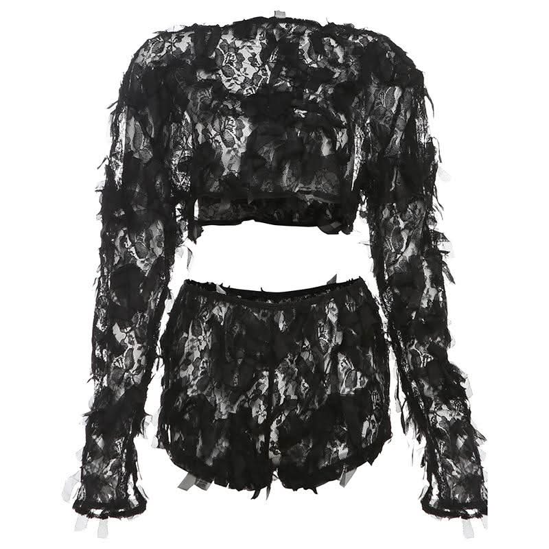 Spooky Chic Shredded Lace Crop Top & Shorts Set - Halloween & Party Ready