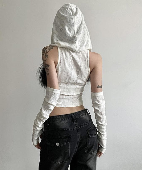 Edgy Distressed Hooded Crop Top & Arm Warmer Set - Grunge Y2K Fall Fashion