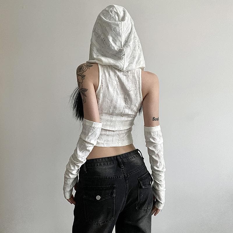 Edgy Distressed Hooded Crop Top & Arm Warmer Set - Grunge Y2K Fall Fashion