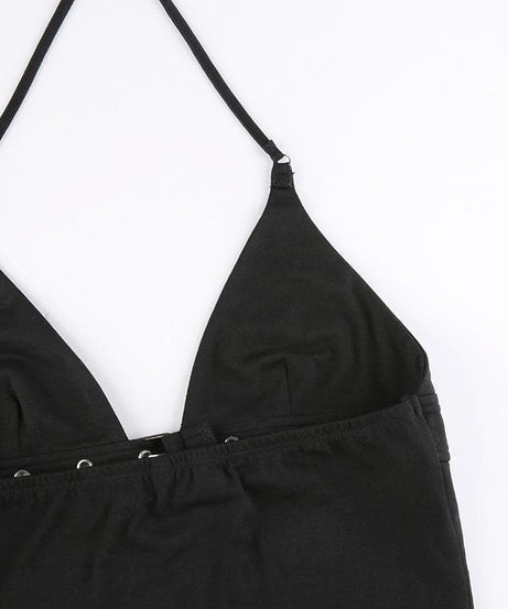 Fall Nights Out: Edgy Buckle & Grommet Plunge Halter Top - Y2K Fashion
