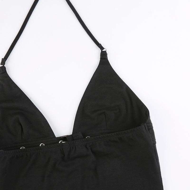 Fall Nights Out: Edgy Buckle & Grommet Plunge Halter Top - Y2K Fashion