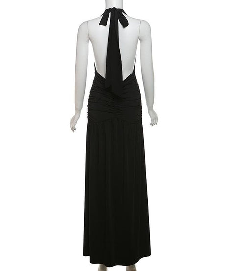 Alluring Black Halter V-Neck Ruched Backless Maxi Dress - Your Fall & Holiday Party Statement