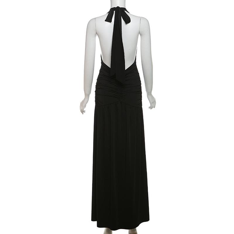 Alluring Black Halter V-Neck Ruched Backless Maxi Dress - Your Fall & Holiday Party Statement