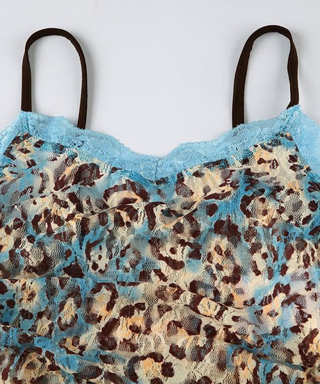 Edgy Blue Leopard Lace Cami Top - Y2K Ruched Spaghetti Strap for Fall Style