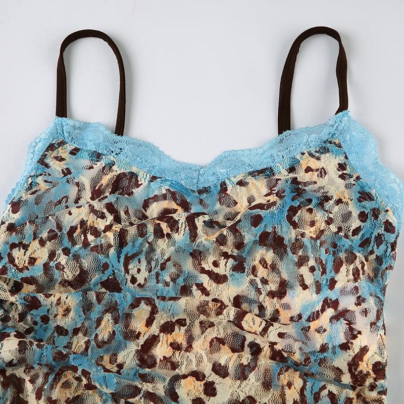 Edgy Blue Leopard Lace Cami Top - Y2K Ruched Spaghetti Strap for Fall Style