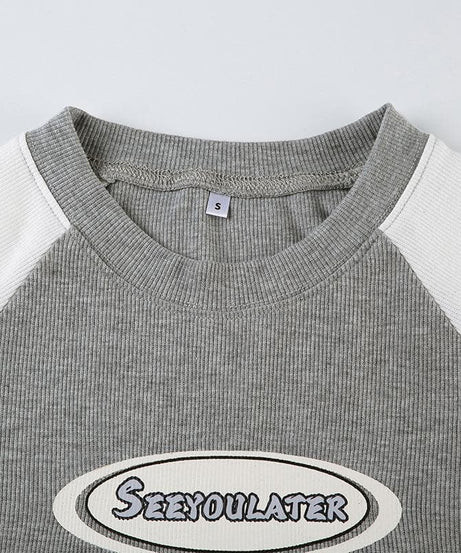 Y2K Retro Ribbed Raglan Crop Top - Women's 'SEEYOULATER' Graphic Tee