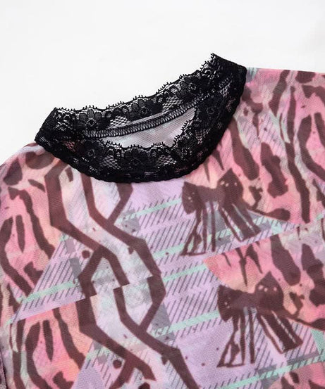 Spooky Chic Y2K Mesh "MONSTER" Print Lace Trim Crop Top & Shorts Set – Halloween & Fall Streetwear