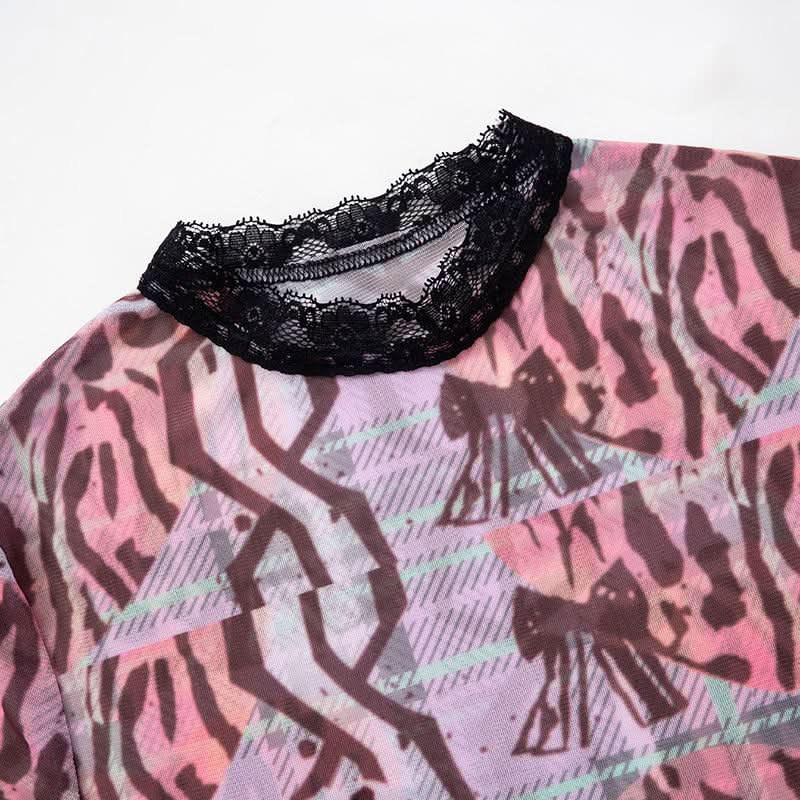 Spooky Chic Y2K Mesh "MONSTER" Print Lace Trim Crop Top & Shorts Set – Halloween & Fall Streetwear