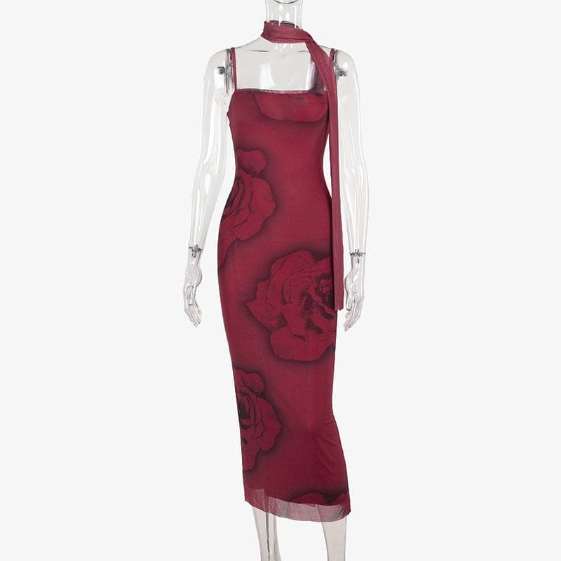 Romantic Rose Mesh Cami Midi Dress | Elegant Ruffle Backless for Fall & Holiday Parties