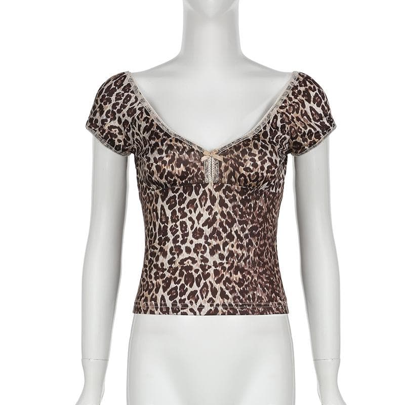 Spotted & Styled: Y2K Leopard Print Puff Sleeve Bowknot Top - Fall's Must-Have